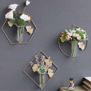 “3-Piece Set – Handcrafted Gold Metal Geometric Wall Vase Hanging Decor”