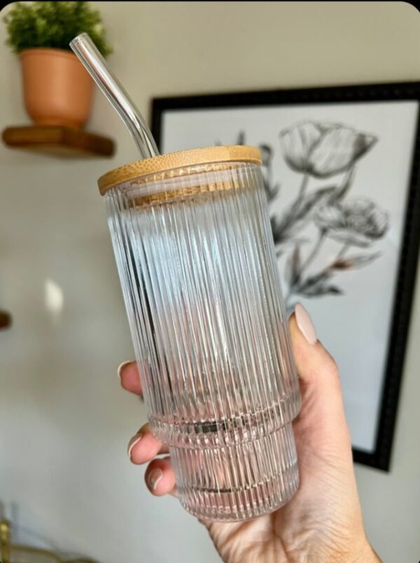Stylish glass tumbler with eco-friendly bamboo lid and reusable straw - Image 3