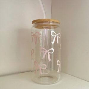 Cute glass tumbler with straw, bamboo lid, and pink bow print