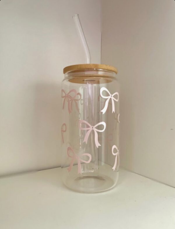 Cute glass tumbler with straw, bamboo lid, and pink bow print