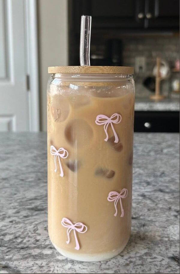Cute glass tumbler with straw, bamboo lid, and pink bow print - Image 3