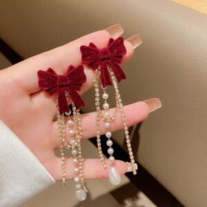 Elegant Korean-style red bow earring