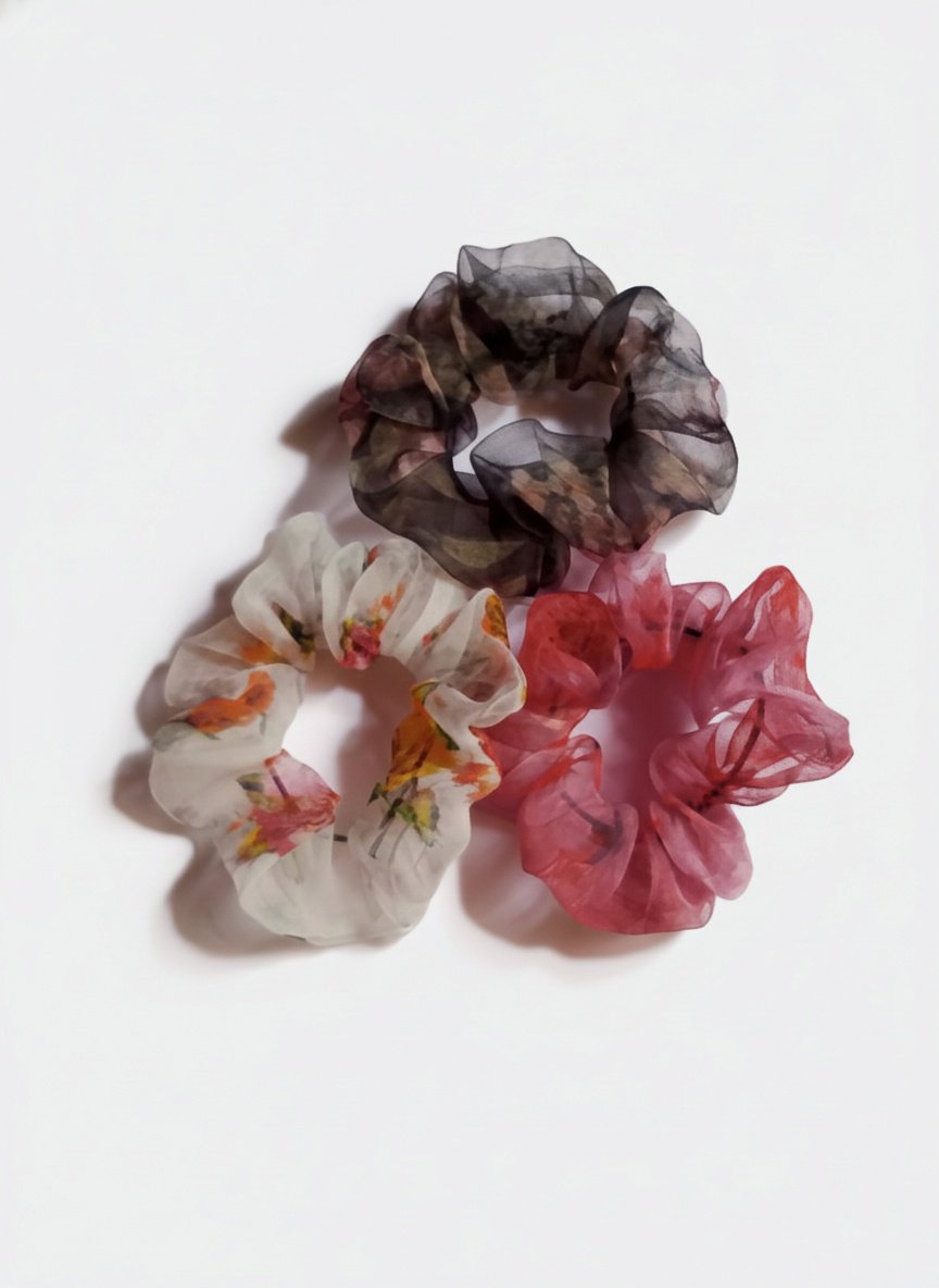 Luxury Floral Organza Scrunchies Combo - Soft Hair Ties for Women & Girls (Set of 3)