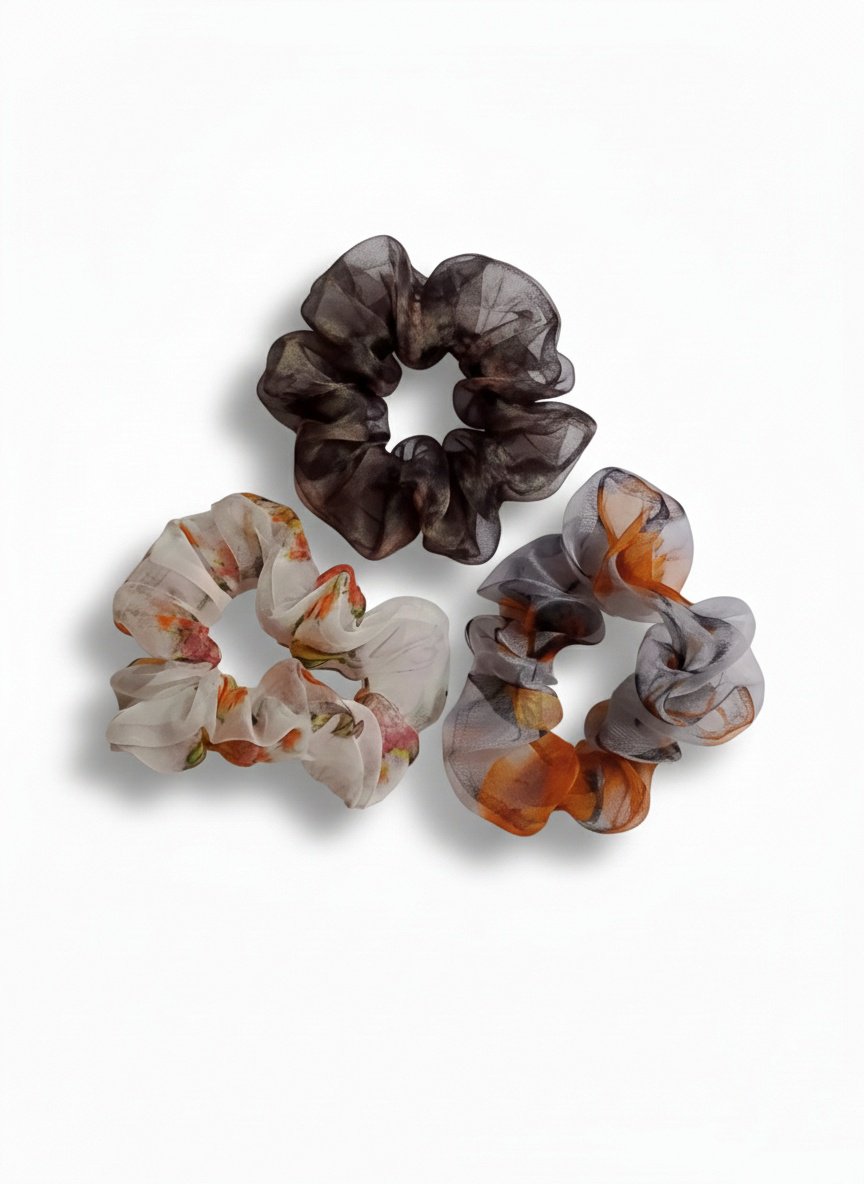 Luxury Floral Organza Scrunchies Combo - Soft Aesthetic Hair Ties for Women & Girls (Set of 3)