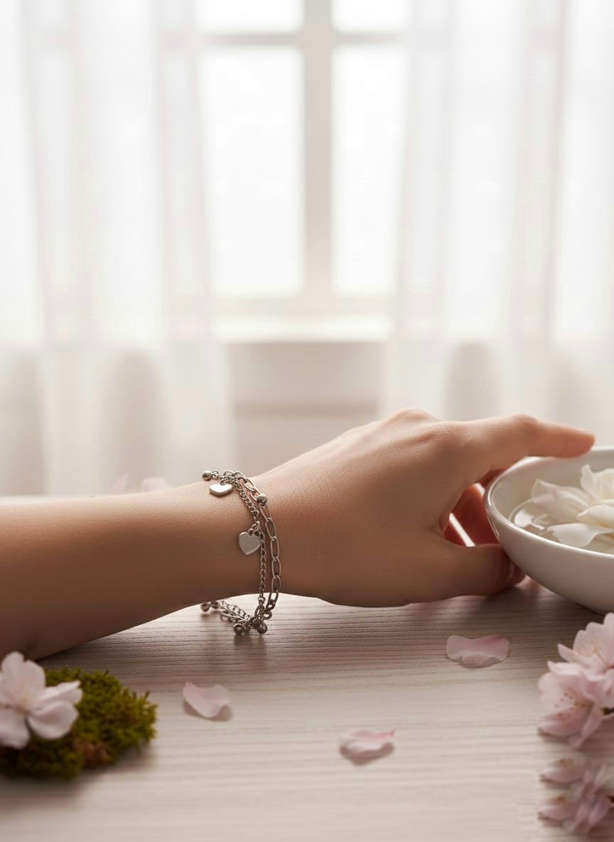 Silver Heart Charm Layered Bracelet - Image 2