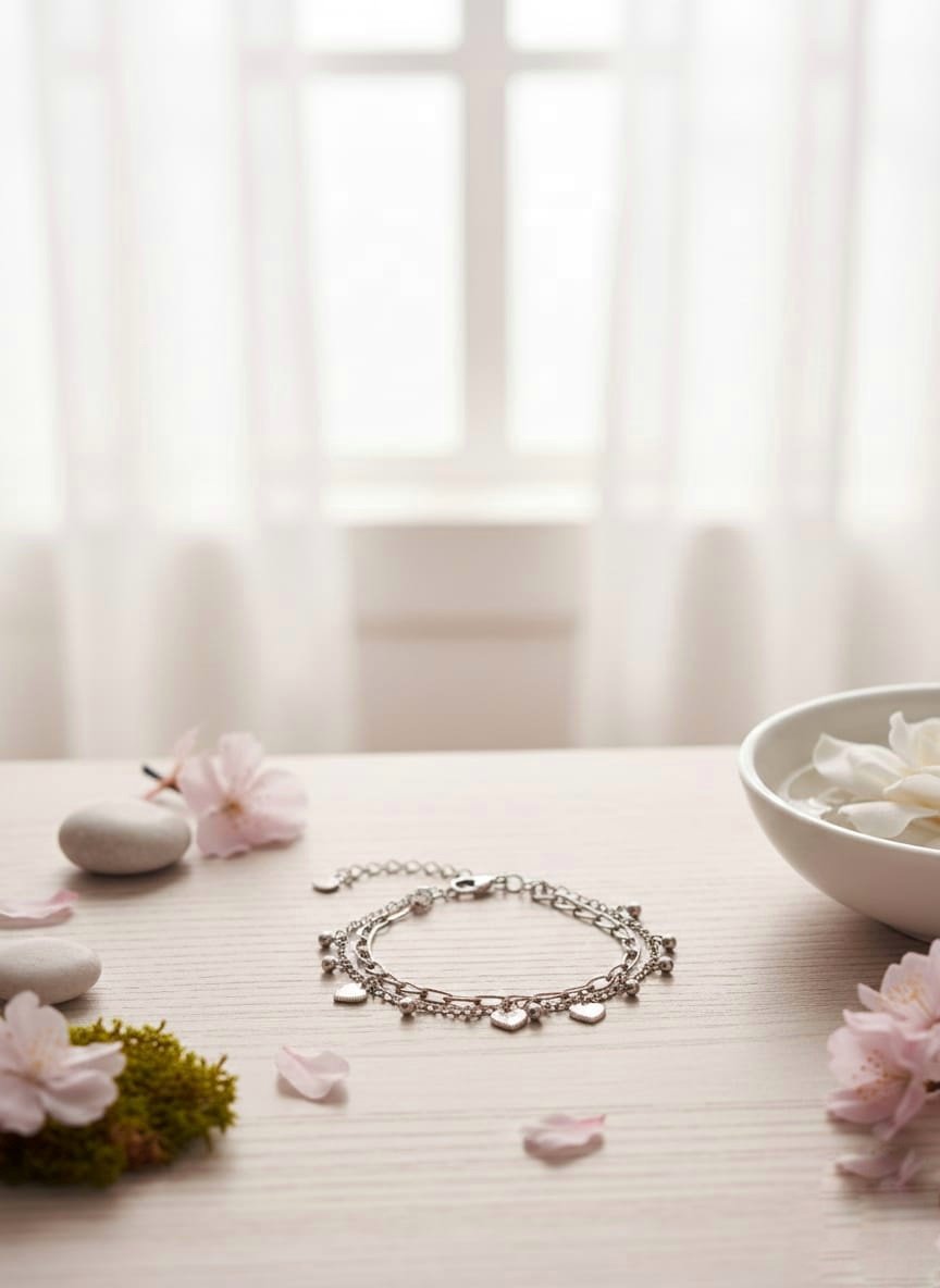 Silver Heart Charm Layered Bracelet