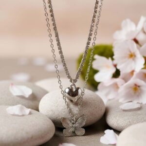 Shining Silver Double Layer Heart & Butterfly Necklace /Korean style