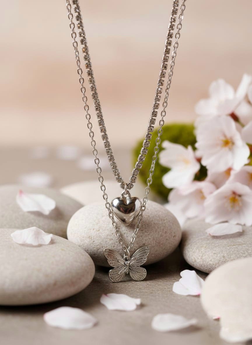 Shining Silver Double Layer Heart & Butterfly Necklace /Korean style
